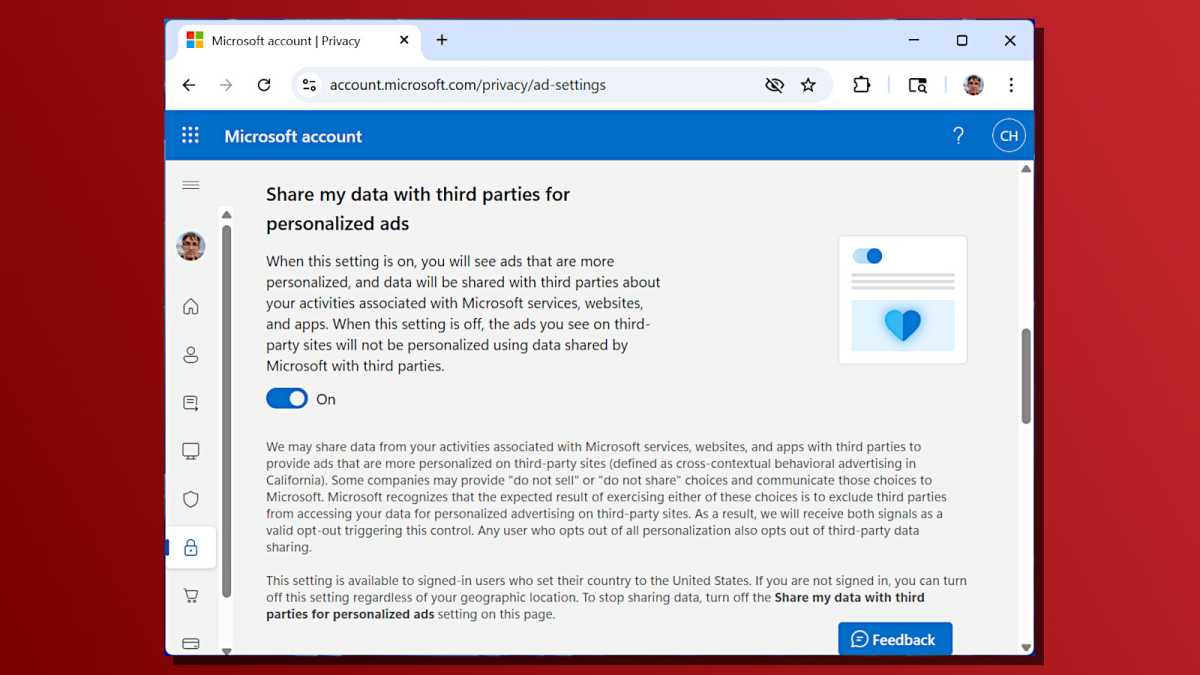 إعدادات حساب Microsoft إعلانات مخصصة ولقطات مشاركة بيانات الطرف الثالث