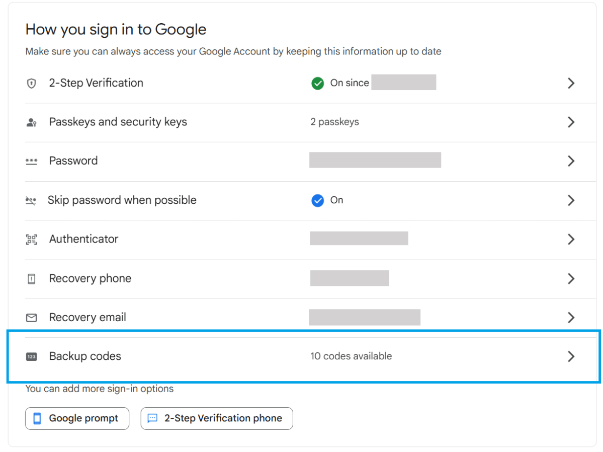خيار رمز Google Backup في إعدادات الأمان