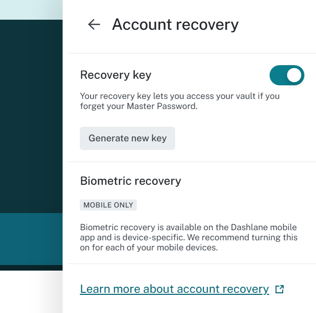 خيارات مفتاح الاسترداد في امتداد متصفح Dashlane