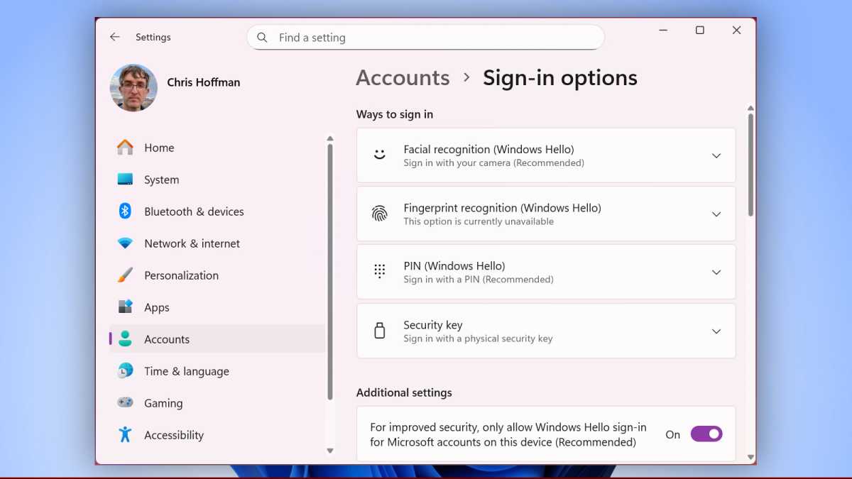 لقطة شاشة خيارات تسجيل الدخول Windows Hello