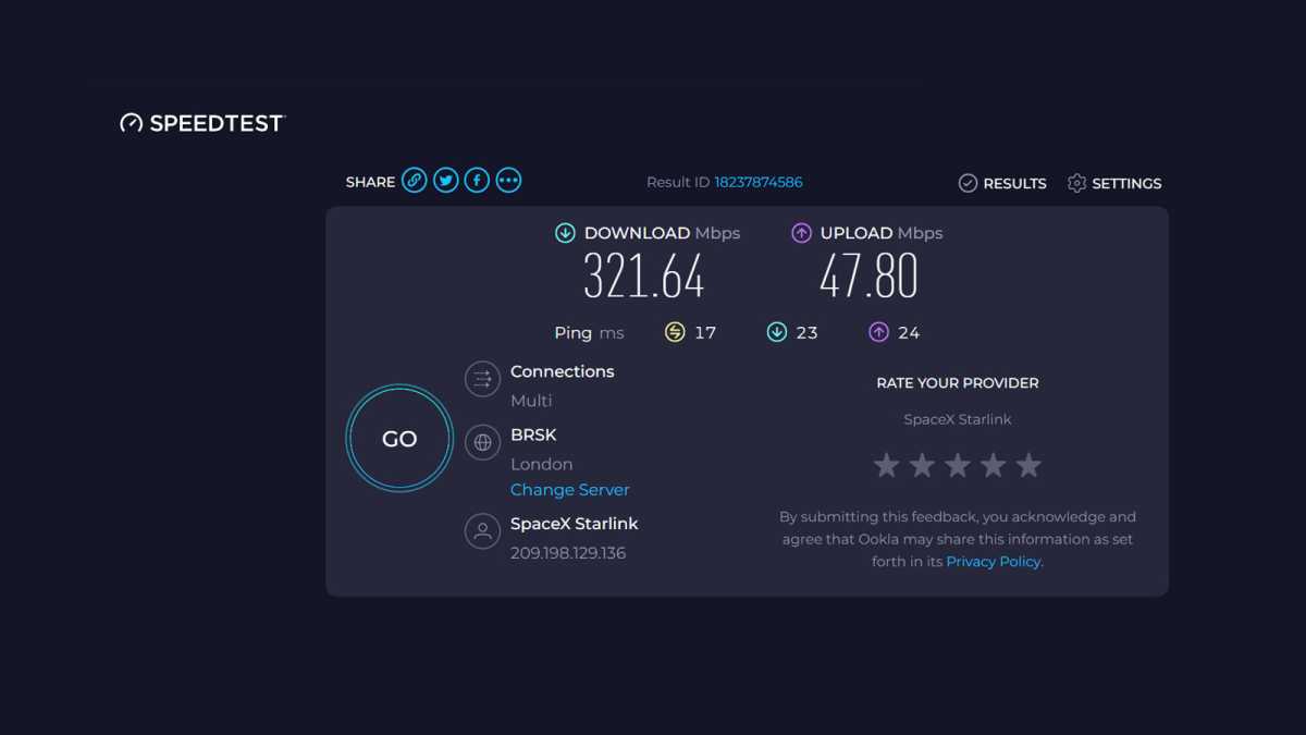 مقاييس سرعة تحميل التنزيل من Starlink عبر Speedtest