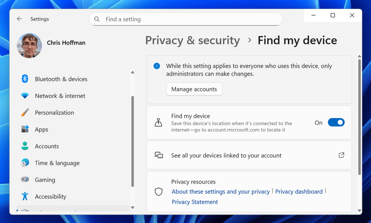 Windows 11 قم بتمكين العثور على جهازي في لقطة شاشة الإعدادات