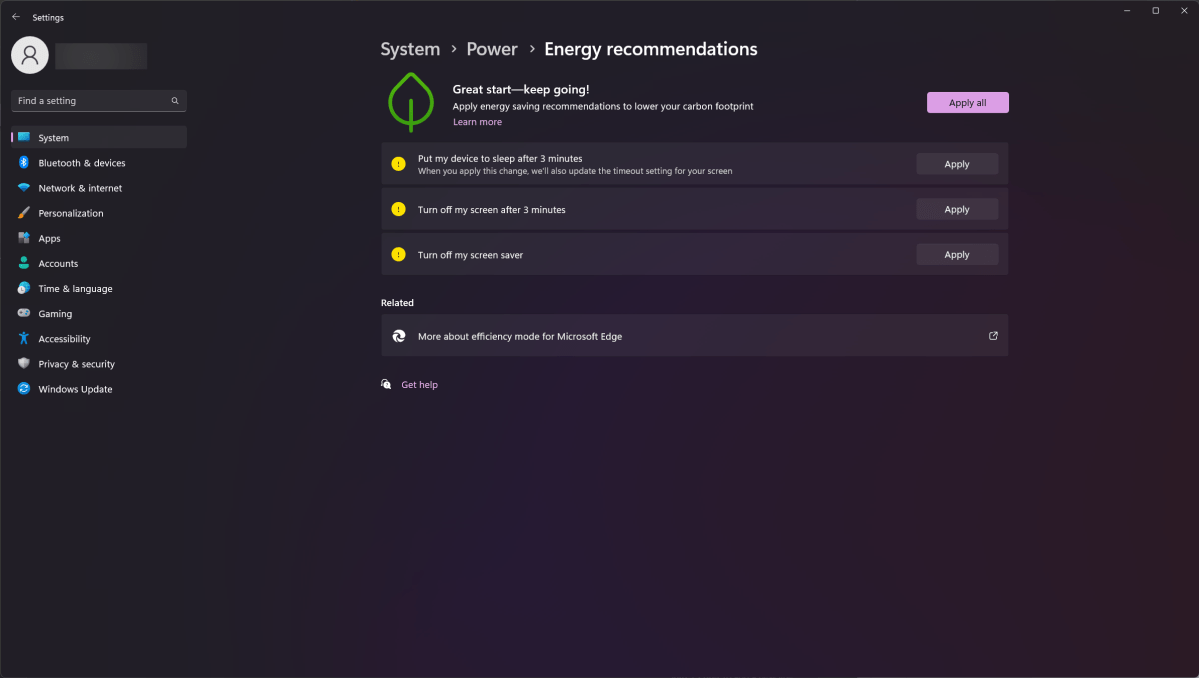 ميزة Windows 11 - توصيات الطاقة