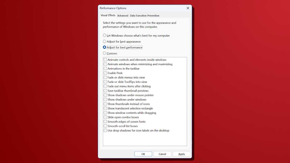 يقوم إعداد Windows بتعطيل التأثيرات المرئية وضبط أفضل أداء