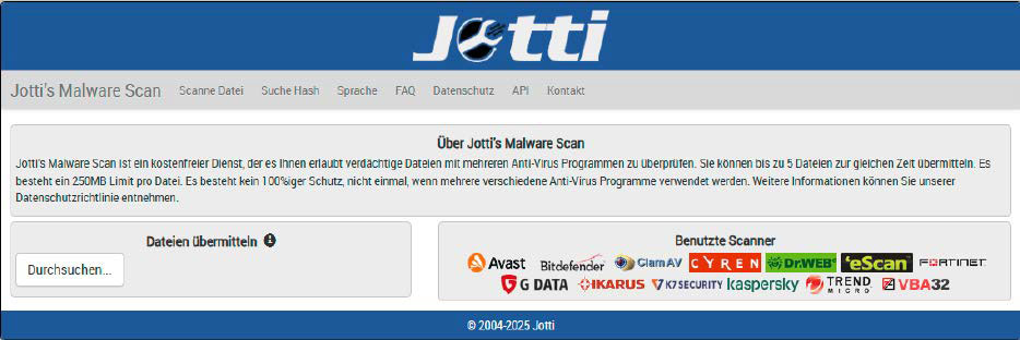 يعد Jotti's Malware Scan بديلاً لـ Virustotal ويمنع البيانات الكبيرة من خلال دمج برامج مكافحة الفيروسات المختلفة. أفضل البيانات الاحترافية هي 250 ميجابايت.