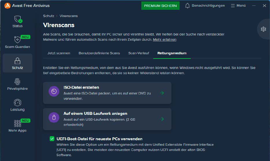 بعد التثبيت، يمكنك إضافة مكون Avast-Virenscanner من Anlegen einer Rettungsdisk على DVD أو USB-Stick مع تكامل Virenscanner و.