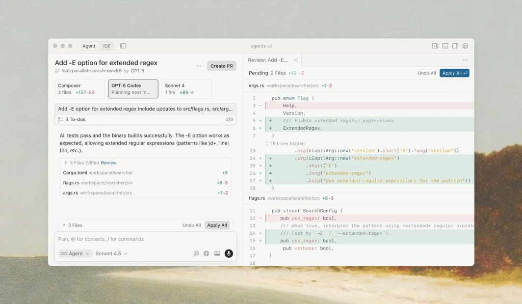 لقطة شاشة لواجهة المستخدم الجديدة متعددة الوكلاء في أحدث منصة لتطوير برامج Cursor AI.