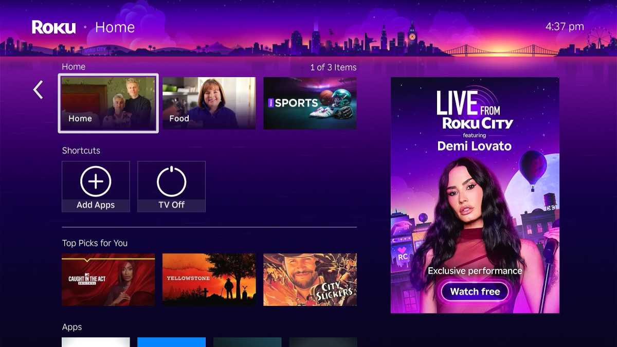 شاشة Roku الرئيسية مليئة بالبلاطات غير المخصصة للتطبيقات.