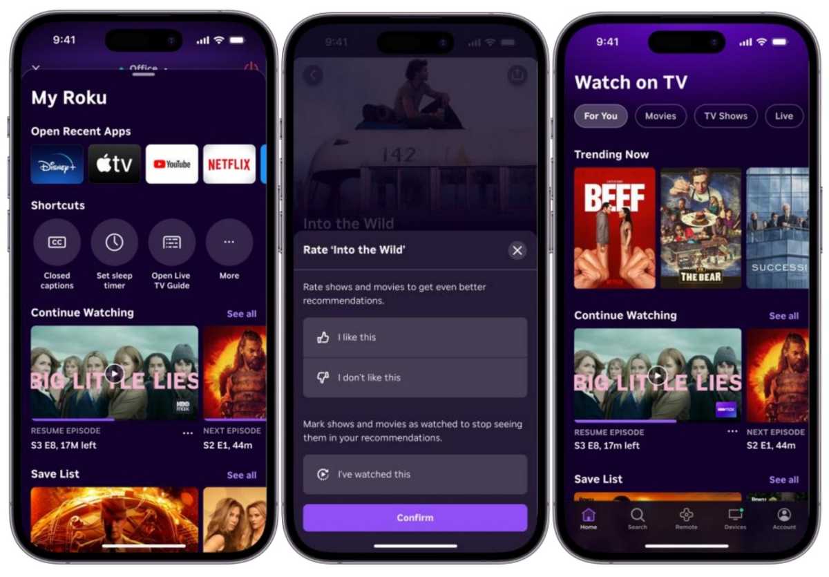 لقطات شاشة لتطبيق Roku للجوال، تعرض الاختصارات والتقييمات وروابط الأقسام السريعة