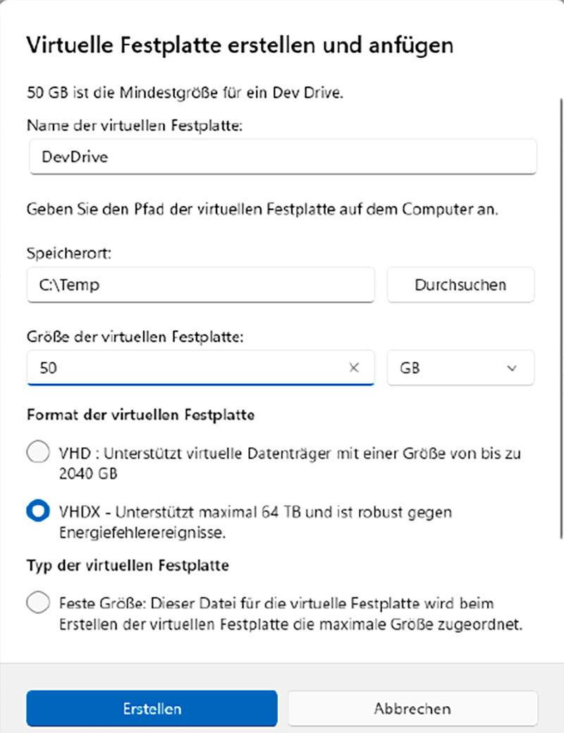 Für Ihr Dev-Drive Legen Sie am Besten eine Festelle Festplatte an. يمكنك استخدام أحد البيانات الكبيرة التي تحتوي على قسم واحد فقط.