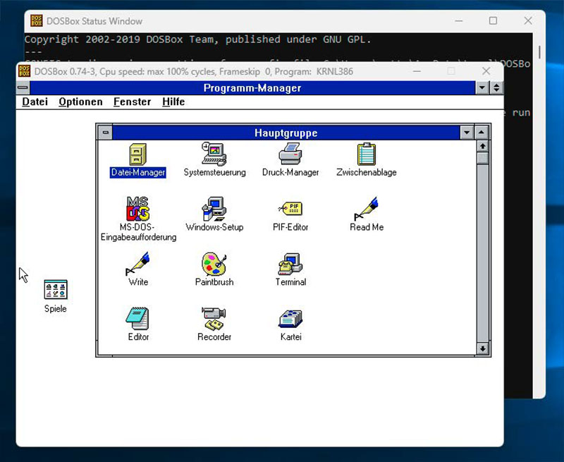 فوق الأقراص الأصلية أو الصورة، يمكنك تثبيت Windows 3.1 في DOSBox والبرنامج الأكثر دقة. لا يستغرق التثبيت لكل صورة سوى ثوانٍ قليلة – ولا يمكن القيام بذلك إلا من خلال zahlreichen Diskettenwechseln.